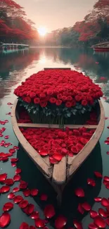 A boat filled with red roses on a tranquil lake at sunset.