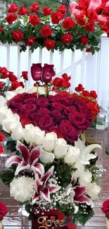 Beautiful bouquet with red and white roses, heart decorations.