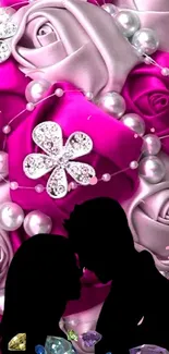 Silhouette couple with pink roses and pearls mobile wallpaper.