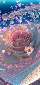 Pink rose with sparkles and hearts on a blue background.