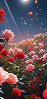 Moonlit garden with vibrant roses and serene night sky.