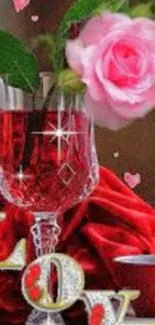 Romantic rose in glass with red and pink hearts wallpaper.