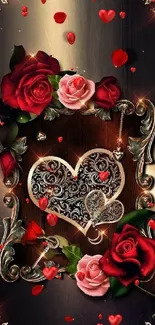 Elegant heart with rose accents in vintage style wallpaper.