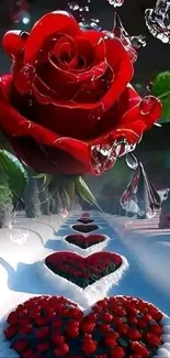 Red rose and heart-shaped flower path in artistic wallpaper.