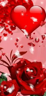 Romantic wallpaper with red roses and hearts on a pink background.