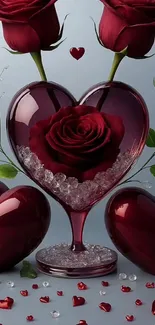 Heart-shaped roses and crystals mobile wallpaper.