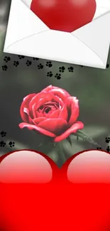 Red rose and heart design with black paw prints on a mobile wallpaper.