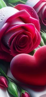 Romantic red roses and a heart shape with dewdrops on a serene background.