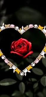 Heart-shaped frame with a red rose and cute animal illustrations.