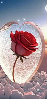 Red rose inside icy heart under sunset.