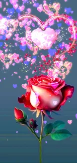 Romantic mobile wallpaper with a rose and heart design on dark blue background.