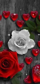 Romantic wallpaper with red roses and hearts on a wooden background.