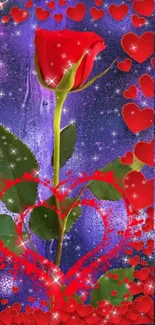 Red rose with sparkling hearts on a vibrant background.