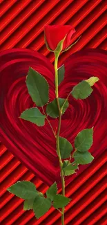 Red rose with green leaves on a heart background wallpaper.