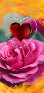 Romantic mobile wallpaper with pink rose and heart overlay.