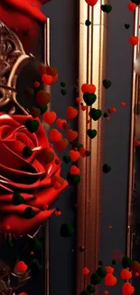 Romantic red rose and heart themed wallpaper for mobile phones.