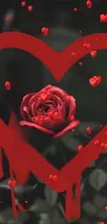 Red rose in heart-shaped design on dark background.