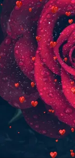 Mobile wallpaper of a red rose with heart shapes and water droplets.