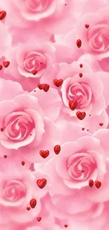 Romantic wallpaper with pink roses and red hearts