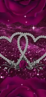 Romantic wallpaper featuring purple roses and heart patterns.