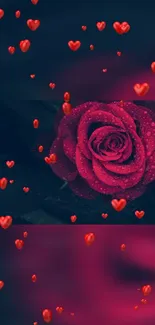 Crimson red rose with heart shapes wallpaper.