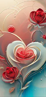 Elegant heart and red roses wallpaper design.