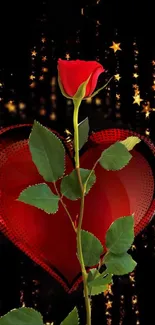 A vibrant red rose with a heart backdrop and starry background.