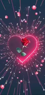 A vibrant wallpaper of a red rose inside a glowing pink heart on a dark background.