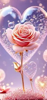 Romantic rose and heart with bubbles on a phone wallpaper.