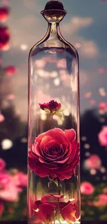 Red rose in a glass bottle surrounded by pink petals, creating a romantic ambiance.