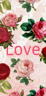 Romantic rose wallpaper with pink love text.