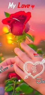 Red rose with touching hands and love message.