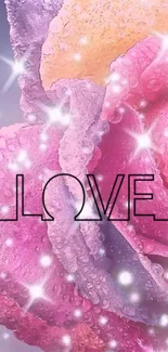 A vibrant pink rose wallpaper with love text and sparkling effects.