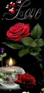 Romantic rose wallpaper with love theme and candlelight.