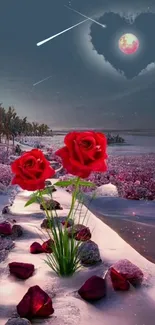 Romantic pathway with red roses and heart-shaped moonlit sky.