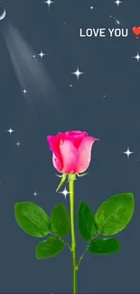 Romantic rose against a dark blue night sky with stars and moonlight.