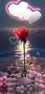 Romantic night wallpaper with rose, moonlight, and glowing heart.