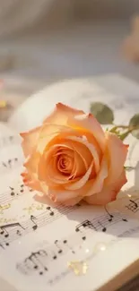 Peach rose on decorative sheet music.