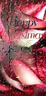 Romantic red rose petals with raindrop effects and a holiday greeting.