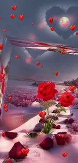 Romantic rose landscape with heart-shaped moon.