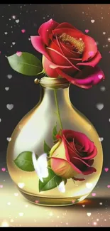 Romantic rose vase mobile wallpaper with sparkling hearts.