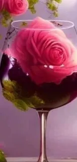 Elegant wine glass with pink roses.