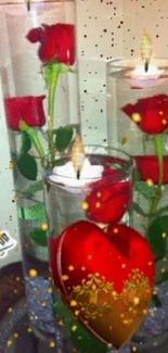 Romantic red roses and candles with heart decoration.