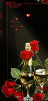 Romantic wallpaper with champagne, red roses, and a black background.