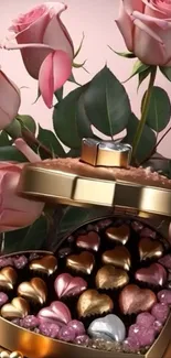 Pink roses with a heart-shaped chocolate box.