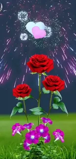 Red roses beneath fireworks in a night sky.