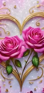 Pink roses and golden heart on elegant wallpaper.