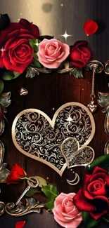 A vintage heart design surrounded by roses.