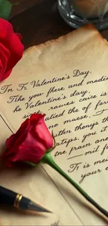 Antique love letter with red roses and pen.