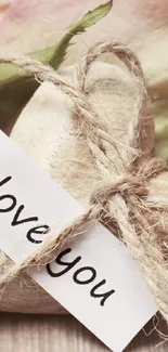 Pink roses and a love note tied to a fabric heart on a wooden surface.